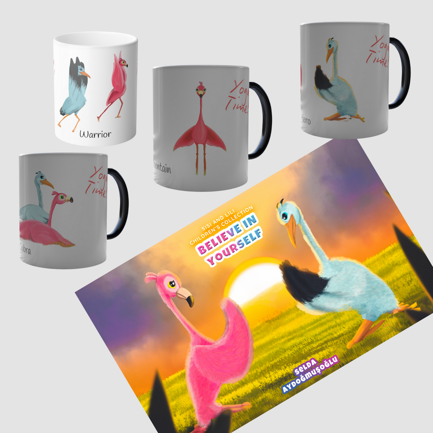 Heat-Reactive Yoga Mug – Flamingo & Stork in Yoga Pose